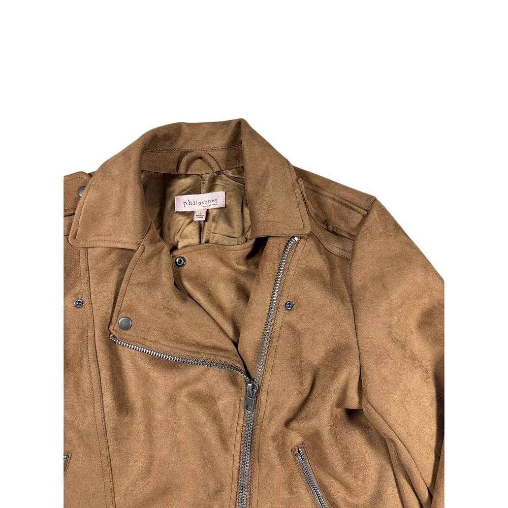 Philosophy Republic Faux Suede Moto Jacket Brown Cognac Asymmetric Zip L